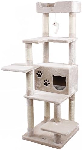 PET SHINEWINGS Multi-level Extra Large Cat Tree with Scratching Post Climbing Play Tower (Beige, Cat Shaped Entrance)