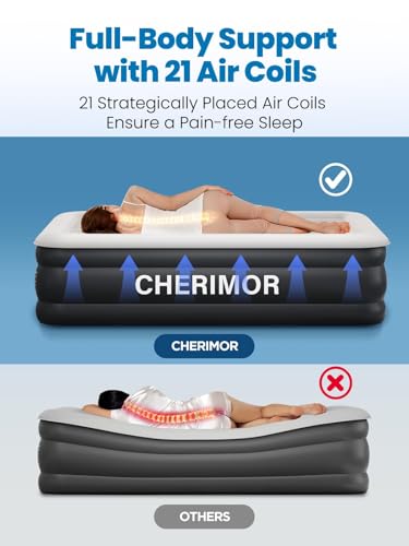 CHERIMOR Twin XL Air Mattress with Built-in Pump, 18" Raised Comfort, 80“ Length, 48Hr Leak-Proof Test, Upgraded Honeycomb Pillar Design, Supports 500 lbs, 2-Min Inflation for Home, Guests & Camping