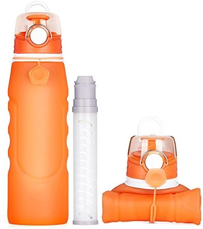 1000ml 35oz Silicone Eco-Friendly Portable Collapsible Foldable Water Bottle with Water Filtration Straw Lightwight Food Grade BPA Free Leak Proof Bottle for Travel Sports Outdoor Camping Hiking