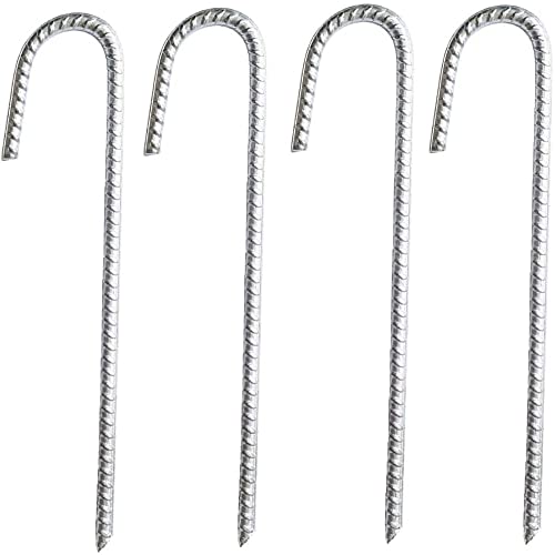 HBSTK 4 * 30cm Heavy Duty Galvanised Steel Ground Rebar Stakes J Hooks Anchors Anchorage Stakes Tent Pegs for Castles,Tents,Trampolines,Bouncy,Camping,Football Nets