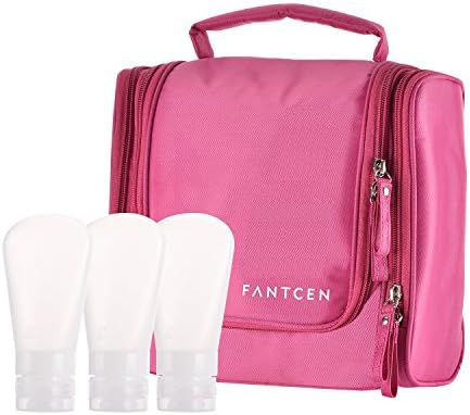 FANTCEN Toiletry Bag, Portable Travel Organizer Cosmetic Bag for Women Makeup with Travel Bottles Silicone Containers Set, White, 3 oz, Set of 3