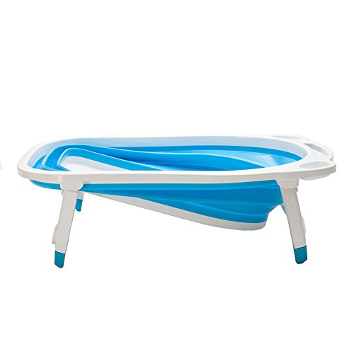Kidsmile Baby Bathtub Portable Collapsible Bathing Tub with Non-Slip Mat, Foldable Shower Basin with Infant Sling, Comfort Folding Baby Bathtub, Deluxe Newborn to Toddler Tub, Blue