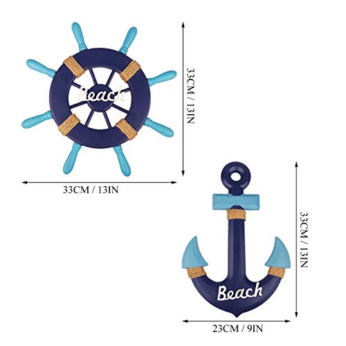 Meching-2-Pack-13-Nautical-Beach-Wooden-Ship-Wheel-and-13-Wood-Anchor-with-Rope-Nautical-Boat-Steering-Rudder-Wall-Decor-Door-Hanging-Ornament-Beach-Theme-Home-DecorationNavy-Blue Meching 2 Pack 13" Nautical Beach Wooden Ship Wheel and 13" Wood Anchor with Rope Nautical Boat Steering Rudder Wall Decor Door Hanging Ornament Beach Theme Home Decoration(Navy Blue)