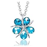 Five Petal Flower Silver Pendant Necklace – Stunning Created Aquamarine Crystal Blue – 18-inch Lead & Nickel-Free Silver Chain Necklace – Unique Jewelry for Women with Gift Box