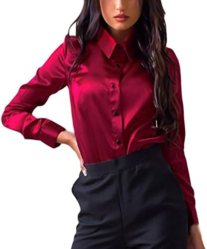 Lowprofile Juniors Women's Soft Silk Long Sleeve Shirt Button Up Casual Tops Blouse (Asian 2XL, Red)