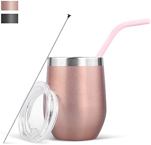 KWANITHINK Coffee Cup Reusable with Lid and Straw, 12 oz 350ml Stainless Steel Travel Mug Eco-Friendly, Double Walled Vacuum Insulated Thermal Cup for Wine, Coffee, Drinks (Rose Gold)