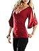 Annflat Women's V Neck Cold Shoulder Trumpet Sleeve Wrap Top T-shirts Medium Burgundy