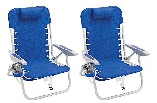 RIO BEACH Beach Chairs Backpack and Beach Umbrella with Cup Holders Lace-Up Backpack Chair Set, Nautical Blue + 7' Beach Umbrella with Integrated Sand Anchor and Table