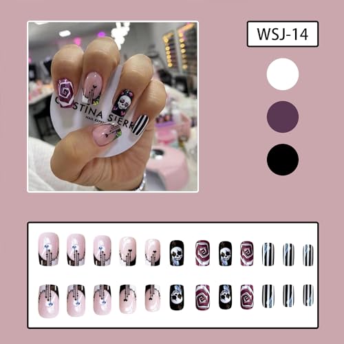 Halloween Press on Nails Square Short Fake Nails French Tip False Nails With Heart Skull Swirls Designs Full Cover Stick on Nails Acrylic Reusable Artificial Nails for Women Glue on Nails 24Pcs - Image 2