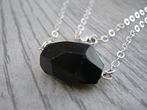 18" Faceted Black Tourmaline Necklace, 925 Sterling Silver, Rough Polished Chunky Gemstone Bar Jewelry, Floating Pendant