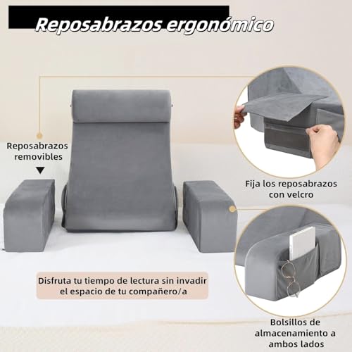 Almohada para espalda con reposabrazos y bolsillos para sentarse en cama, respaldo para cama, almohada de lectura, descanso, jugar, relajarse o ver la televisión para adultos, 48cm*40cm*48cm (gris)