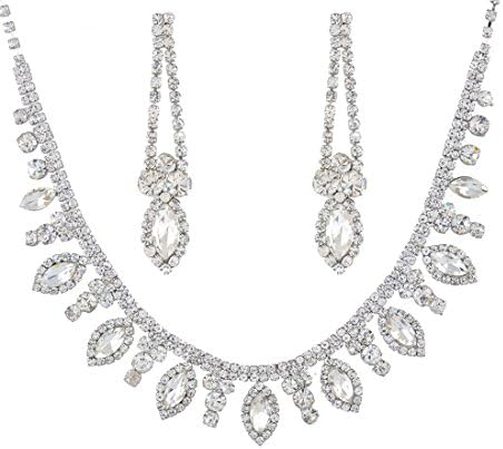 NLCAC Luxurious Gold Crystal Pearl Bead Wedding Jewelry Set for Women Necklace and Earrings Set Bride (marquise silver)