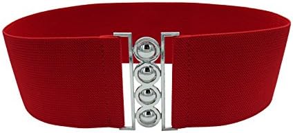 Cleyton Women 3 Inch Wide Fashion Metal Buckle Stretch Elastic Waist Belt Cinch Waistband (Large(34-38inch), Red+Silver)