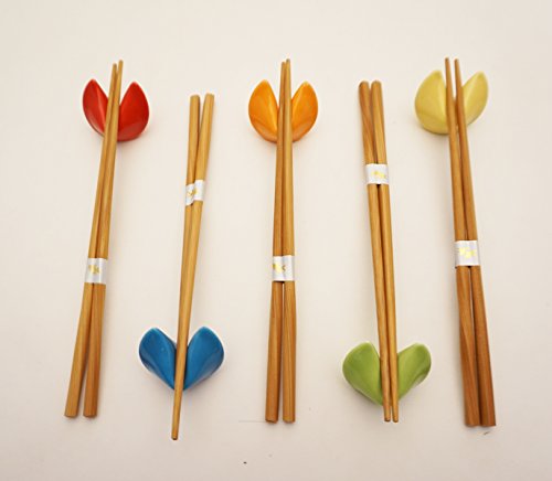 Wooden Chopsticks with Fortune Cookies Chopsticks Rest 5 Pair Assorted Colors Chopsticks Set Dining Table Starter Kit Beautiful Gift Item Nicely Packaged