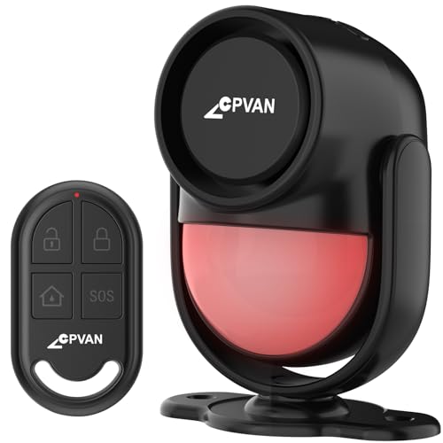 CPVAN Indoor Motion Sensor Alarm with Siren, Wireless Infrared DIY PIR Motion Detector Burglar Alarm System, Battery Operated, 125dB Adjustable, Remote Control for Home/Garage/Van/Shed/Shop. (Black)