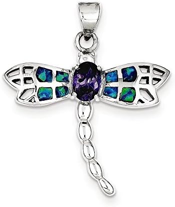 Sterling Silver Blue Inlay Created Opal Dragonfly Oval Amethyst Pendant
