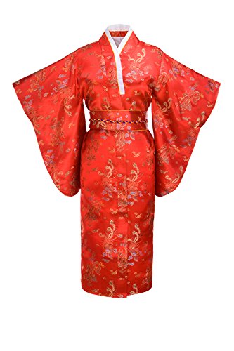 Old-to-new Women's Traditional Japanese Brocade Kimono Robe Dragon Print Red - Thumbnail 4