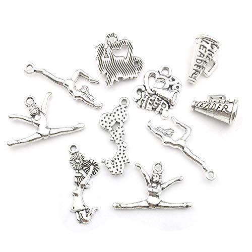 50 PCS Cheerleader Charms Collection, Cheer and School Spirit Gymnastics Girl Pom Girl Love Cheer Jumping Cheerleaders Charms, Silver Tone (HM163)