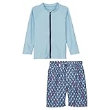 SwimZip Zipper Long Sleeve Rash Guard Swimsuit Set Zoo Animal Blue