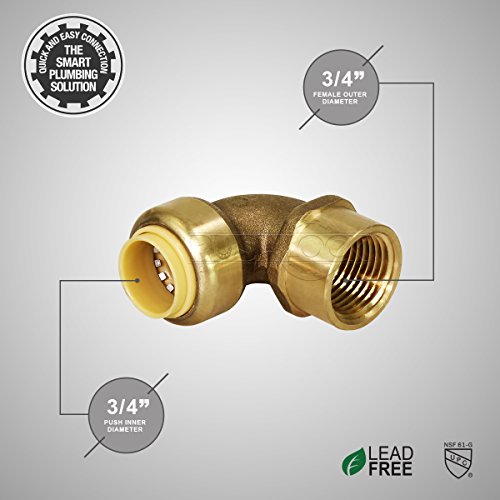 Pushlock UPFE34 Degree Elbow x Female Pipe Fittings Push to Connect Pex, CPVC, 3/4 Inch, Brass, 3/4", Brass & Copper