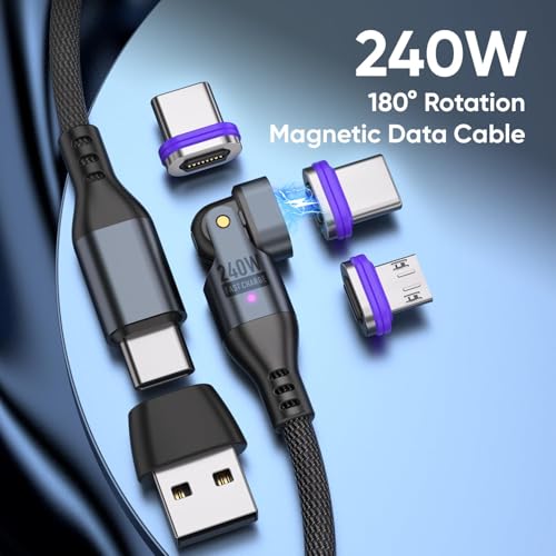 KASTWAVE 240W Magnetic Charging Cable, 180°Rotating USBC to USB C Magnetic Data Cable, Micro USB Magnetic Phone Fast Charger Cable Data Transfer for Laptop/Tablet/Smart phone (6ft)