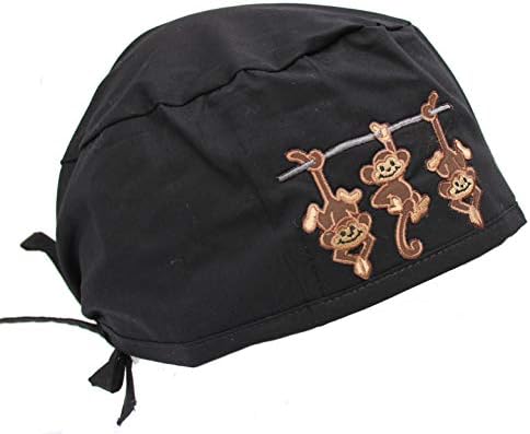 HiphopvilleSolid Black 3 Fun Monkeys Medical Scrub Cap Hat
