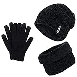Fostoy Men's Winter Hat, Winter Knit Warm Beanie Hat, Soft Comfortable Hat Scarf Set for Men and Women with Fleece Lining (Black)