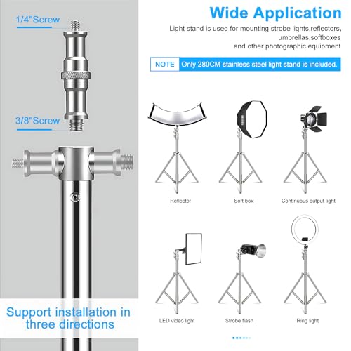 Gluckluz Stainless Steel Light Stand 280cm Heavy Duty Photo Studio Light Stand Height Adjustable Lighting Tripod Holder with 1/4" to 3/8" Universal Adapter for Home Photography Studio Softbox (Silver)