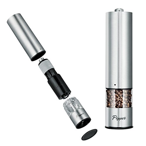 Premium Electric Stainless Steel Salt and Pepper Grinder Set, Battery Operated Pepper Mill Shaker with Adjustable Coarseness & LED Light & Bottom Cap, Collapsible Funnel Include - Thumbnail 4
