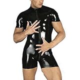 YiZYiF Sexy Men's Faux Leather Zip Bodysuit PVC Kinky Wetlook Clubwear Catsuit