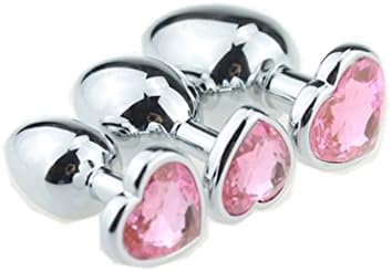 JSQQ Beginners 3 Pcs Super Quality Stainless Steel Plug Anales Plated Heart Shaped 3D Acrylic Diamond Jewelry (Baby Pink)