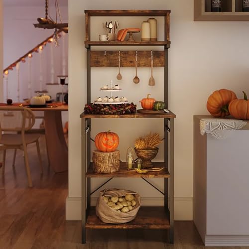 YYDSKIT Alacena de Almacenamiento de 5 Niveles, Estante de Cocina con 6 Ganchos，Estantes Organizadores, Estante de Microondas, Almacenamiento Multiusos de Cocina, Sala, Oficina，Cafetería (Marrón)