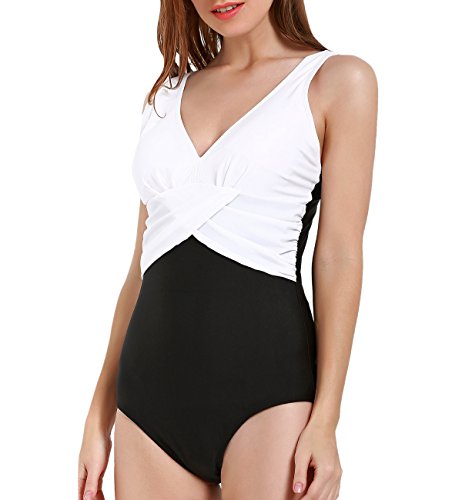 Surenow Swimming Costume One Piece Colorblock Padded Deep V Tummy Control Swimsuit, Medium, White