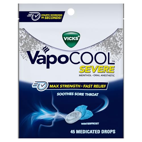 VICKS VAPOCOOL SEVERE MEDICATED SORE THROAT DROPS, MAX STRENGTH MENTHOL, SOOTHES SORE THROAT PAIN, WINTERFROST FLAVOR, 45CT