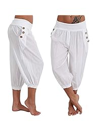 Pantalones de dama sueltos, casuales, recortados, con bolsillos, cintura media