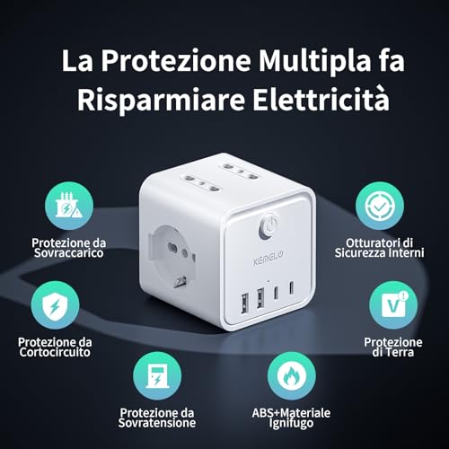 Power Strip with 4 Universal Sockets 10/16A ITA and Schuko, 5 m Electrical Extension Cable with 2 USB A+2 USB C, Multiple Plug Flat Space-Saving with Switches for Home, Office, Black