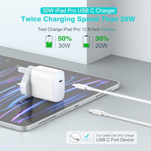 30W USB C Charger Compatible witch MacBook air 13 12 inch, iPad Pro 13, 12.9, 11 inch 2024 2023 2022 2021 2020 2019 M4 M2 M1, iPad Air 5 4, Mini 6, iPad 10, iPhone 15, Pixel 8 7, 2M/6.6FT USB-C Cable