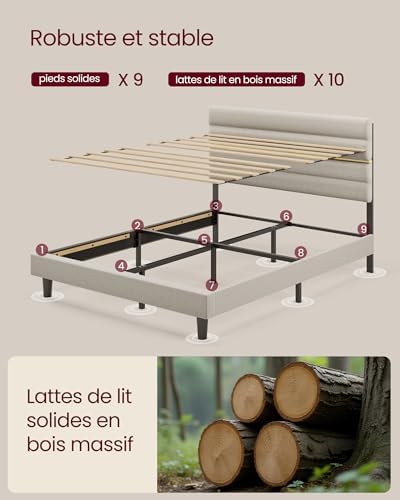 Lit Double, Cadre de Lit, Convient pour Un Matelas de 160 x 200 cm, Tête de Lit Rembourrée Ajustable, en Métal, Bois Massif, Moderne, Beige Cappuccino RMB505LH01