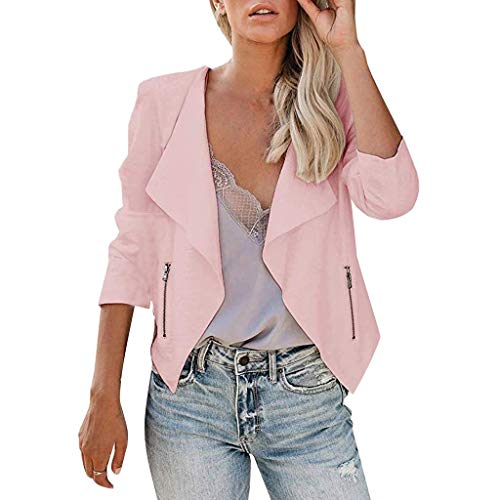Sanyyanlsy Women's Fashion Blazer Jacket Zipper Long Sleeve Open Front Cardigan Slim Lapel Office Short Coat Tops Shirt Pink - Thumbnail 6