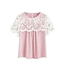 SheIn Women's Round Neck Crochet Short Sleeve Beaded Chiffon Blouse Top Pink Large