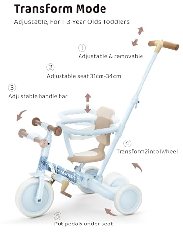 newyoo Lume TR008 Tricycle for Toddlers 1-3, 5-in-1 Push Trike with Parent Handle & Safety Guard, Convertible Balance Bike, Ideal Birthday, Coastal