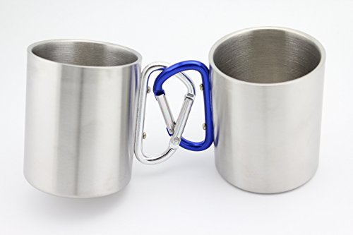 Finex - Set of 2 - Stainless Steel Portable Travel Water Tea Coffee Mug with D-Ring Carabiner Hook as Handle for Outdoor Sports Camping Hiking Climbing Home Office Adults & Kids - Large 10oz