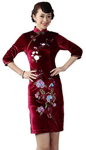 AvaCostume Women's Pleuche Vtg Asian Chinese Cheongsam Knee-length Dress