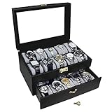 Ikee Design Deluxe Black Watch Display Case With Key Lock, Clear Glass Top, 20 Watch Holders.