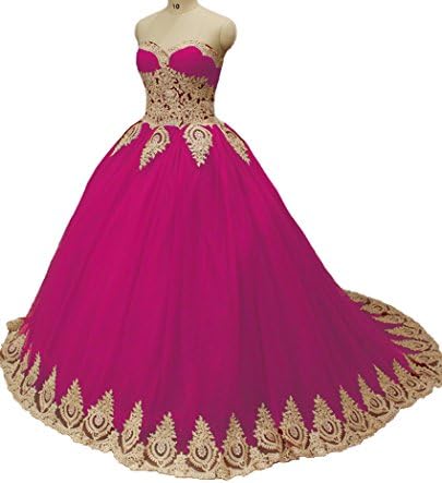 QiJunGe Gold Lace Appliques Ball Gowns Quinceanera Dress Corset Prom Gowns Hot Pink US 6