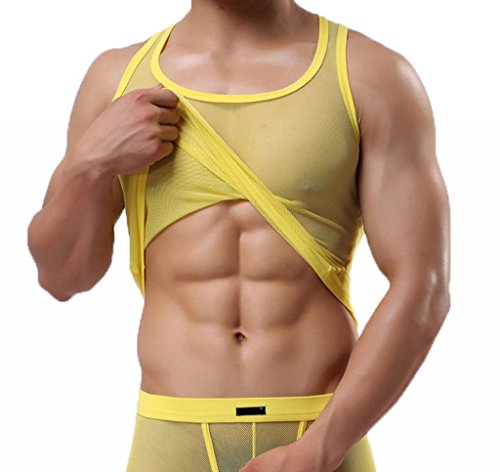 Ouye Men's Mesh See-through Tank Top Vest Large Yellow