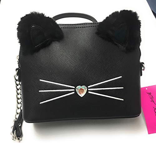 Betsey Johnson Black Crossbody Purse/Handbag - Cat Face w/Fur Ears & Silver Chain