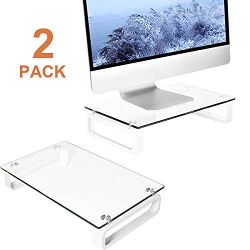 2 Pack Computer Monitor Stand Riser Multi Media Desktop Stand for Flat Screen LCD LED TV, Laptop/Notebook/Xbox One, with Tempered Glass and Metal Legs,HD02T-201