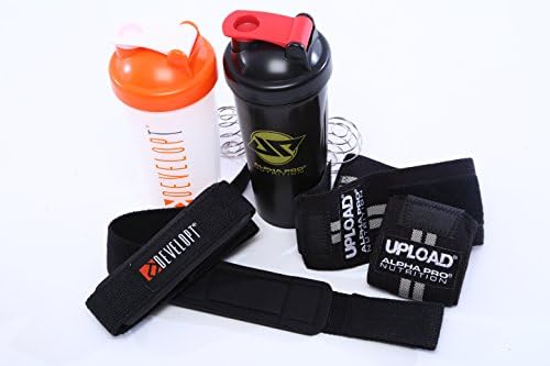 BPA Free Shaker Cup by Alpha Pro, Padded Lifting Straps Pro Wrist Wraps, DEVELOPT BPA Free Shaker Cup Bundle