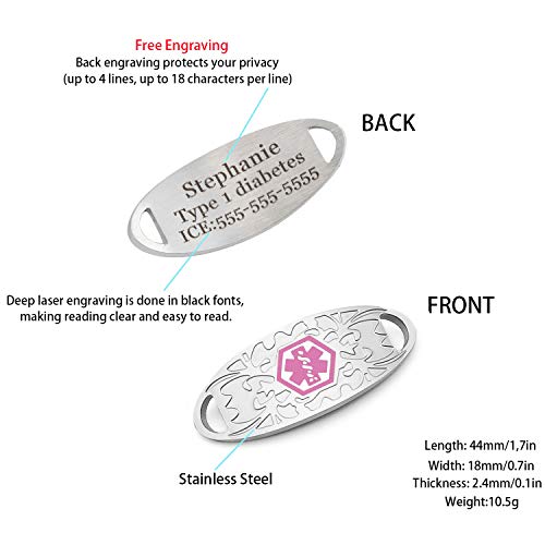 2 Pack Women Stainless Steel Gardenia Tag Part for Medical Alert ID Bracelets Free Custom Engraving - Thumbnail 3